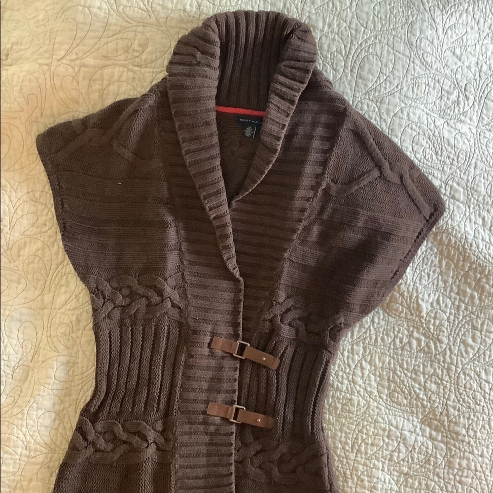 Sweater vest, cable knit, faux leather closures